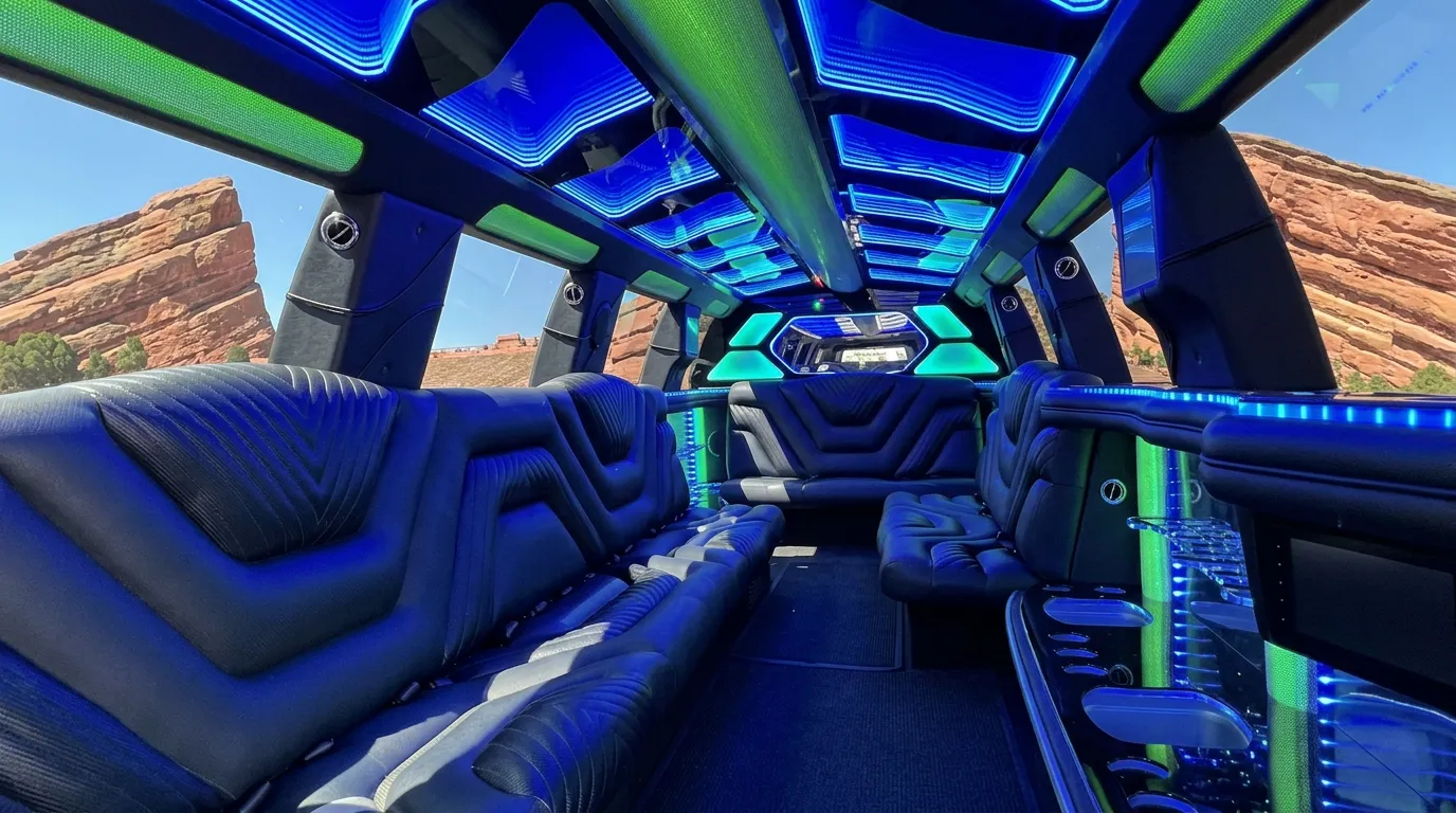 Inside the Chevy Suburban limo in Fort Collins: LED light-show ceiling, leather lounge seating and lit bar